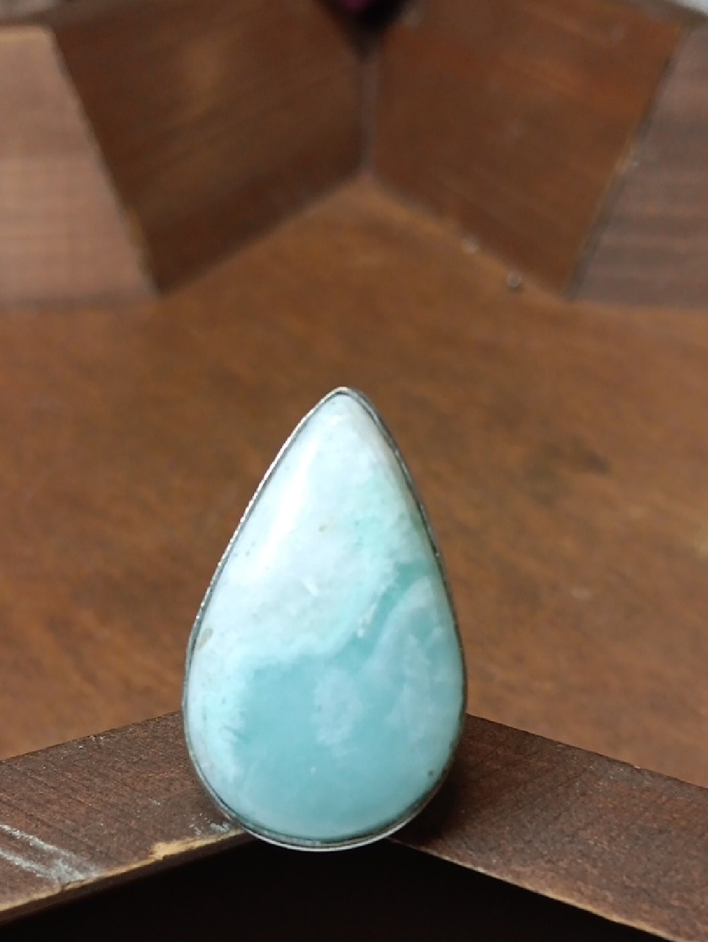 Chunky, Boho-Style, Teardrop Aqua Hemimorphite Gemstone Ring in Silver Bezel